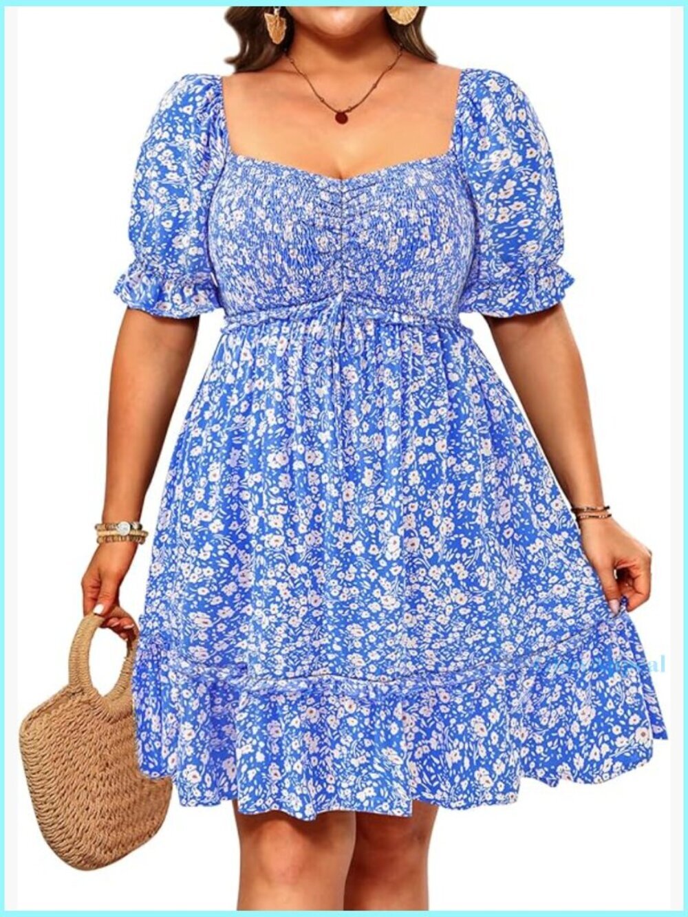 Plus Size Puff Sleeve Sweetheart Neckline Smocked Mini Dress Casual Summer